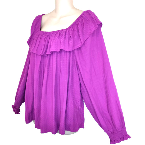 Knox Rose FUCHSIA Peasant Ruffle Top BOHO Off Shoulder Gypsy Flowy Long SleeveXL - Picture 6 of 12